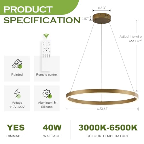 Benkut LED Ring Chandelier Gold Dimmable Circular Pendant Light Fixture by Benkut - Used condition - Image 3