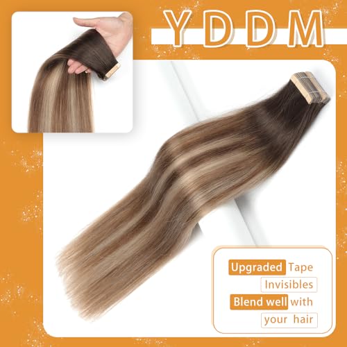 Image of YDDM Tape in Hair Extensions 16 Inch 20pcs Balayage Brown to Dirty Blonde 100% Remy Human Hair for Women Seamless Invisible Tape in Hair Extensions Human Hair(2 /6 /18K#, 16 Inch)