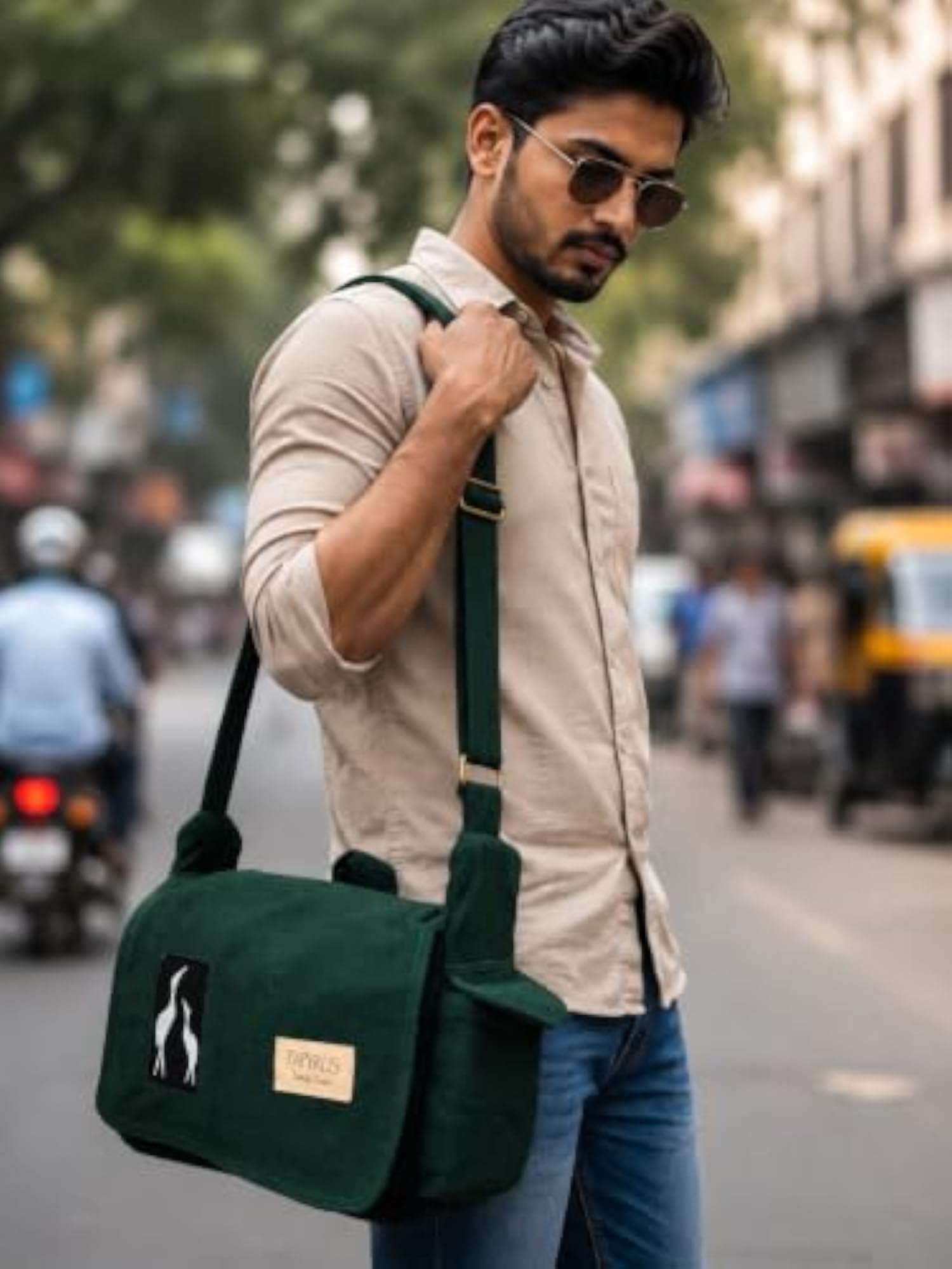 Cotton Canvas Medium Sling Bag, Crane Design