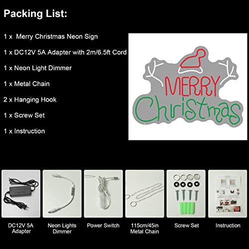 Image of Neon Sign Merry Christmas Tree Neon Lights for Wall Decor LED Neon Light Signs LED Sign for Christmas Party Home Balcony Hanging Art Living Room 23.62x17.32 IN (with Tree Branch and Hat)