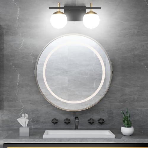Image of Ralbay 2-Light Black and Gold Bathroom Vanity Light Mid Century Modern Milky Glass Ball Wall Light for Bathroom 2 Light Black /Golden