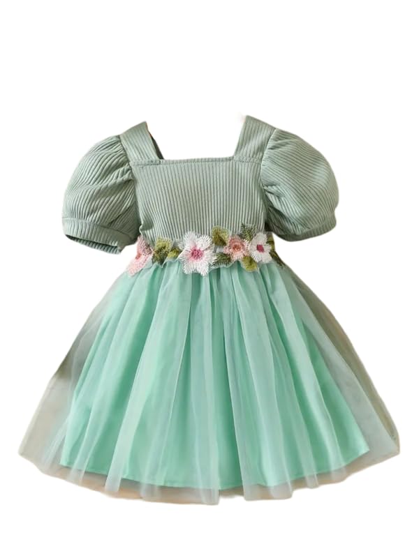 Image of Niren Enterprise Baby Girl Frock - Short Sleeve Embroidered Floral Dress with Belt, Square Neck, 1-Pack