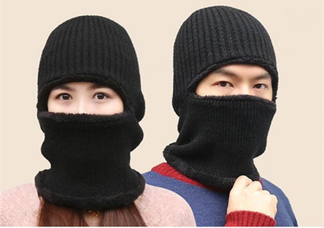 Image of Snow Proof Inside Fur Wool Unisex Monkey Beanie Cap Hat | Breathable Knit Thick Fleece Lined Foldable Use as Skull Woolen Winter Caps Hat Men & Women | Motorcycle Balaclava | Freesize