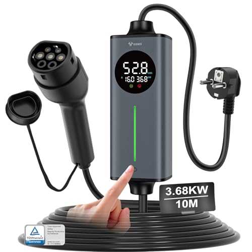 GONEO Chargeur Voiture Electrique 10m monophasé,Schuko 3.68KW Type 2 Station de Recharge, CA 30mA + CC 6mA & Contrôle Thermique et Terre...