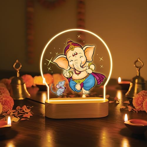 Image of Giftplease Lord Ganesha LED Night Light - Warm Glow Decorative Table Lamp - Divine Bal Ganesha & Mooshak Design for Pooja Room, Office Desk, and Home Decor GL 01