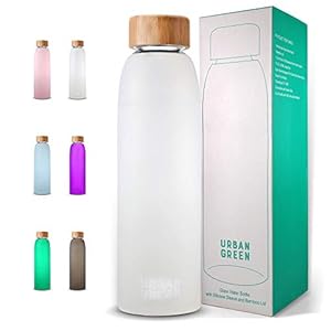 Urban Green Glass Water Bottle with Protective Silicone Sleeve and Bamboo Lid, 18oz, 1extra 304 Stainless Steel Lid with Handle, BPA Free, Dishwasher Safe, Gift Box