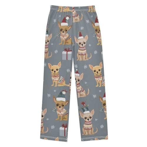 ZZXXB Chihuahua Xmas Snow Boys Long Pants Soft Trousers Elastic Waist Kids Lounge Bottoms with Pockets S-XL
