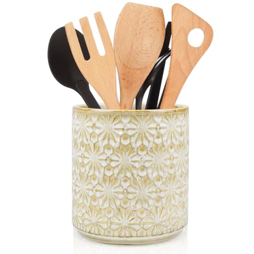 Large 5.6 Inch Ceramic Utensil Holder and Vase for Kitchen Counter Heavy Duty Cooking Tool Organizer Stovetop and Dining Table Storage Dishwasher Safe Countertop Decor