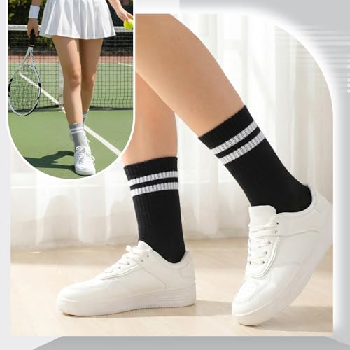 Image of Jspupifip 8 Pair Striped Athletic Crew Socks Running Socks for Men Women | Moisture-Wicking, Soft Stretchy Casual Mid Calf Socks Size 5-8, Breathable Casual Gym Socks