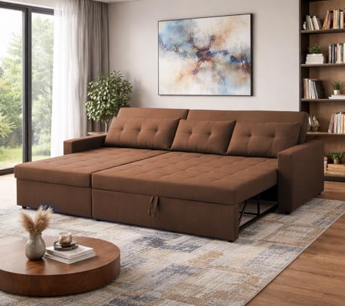 Image of Emilio 4 Seater LHS L - Shape Pull-Out Sofa Cum Bed Sofa for Living Room (Brown Fabric Color) Premium Fabric Sofa Set for Living Room Sofa Cum Bed