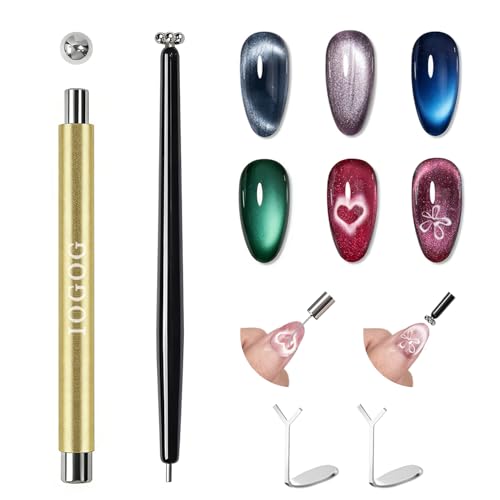 IOGOG 4Pcs Cat Eye Magnet Set 2 Powerful Double-Ended Nail Magnet Pens & 2 Heart Nail Magnets for Nail Art Create French Floral & Heart Effects Magnet for Cat Eye Gel Nail Polish Home DIY