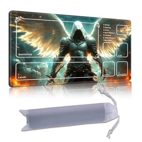 DISUOFEART Playmat for MTG & Magic: The Gathering with Zones, 24x14 inch Non-Slip TCG Game Mat for Commander, Armored Angel Warrior Bearing Sword Wings Card Game Table Mat