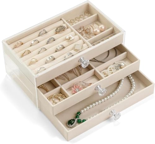 Acrylic Jewelry Box with 3 Drawers, Velvet Lined Jewelry Organize...