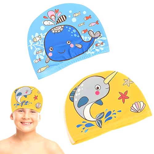 Juego de 2 Gorro Piscina Niño, Gorro Natación Niño Lindos con Patrón de Dibujos Delfín Animados, Gorro Elástico Piscina Tela, para Niños de 2 a 8 Años y Niñas(Azul y Amarillo)