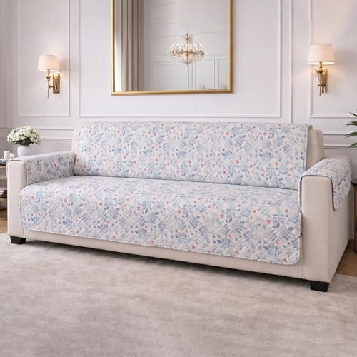 Image of STITCHNEST 'CloudFeel Series' Quilted Printed Velvet Sofa Cover for 1 Seater | Premium Soft Velvet Sofa Protector | Blue Floral Leaf Print Design with Armrest Pockets | Furniture Cover