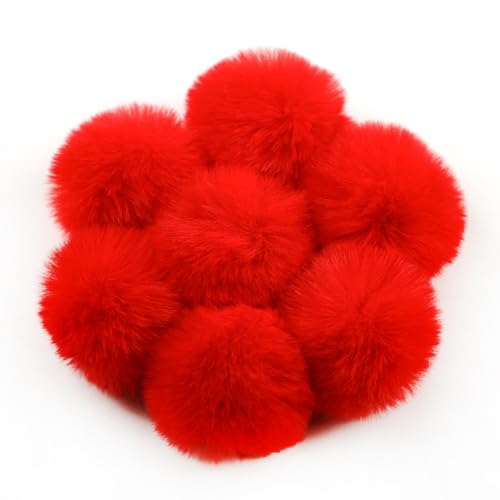 YKAFADE 10 Stück 5cm Kunstfell Pompon Bommel für Mützen Tasche Fellbommel Kunstpelz Flauschige Pompons mit Elastischer Schlaufe für Schals Schlüsselanhänger Dekoration Zubehör -Rot