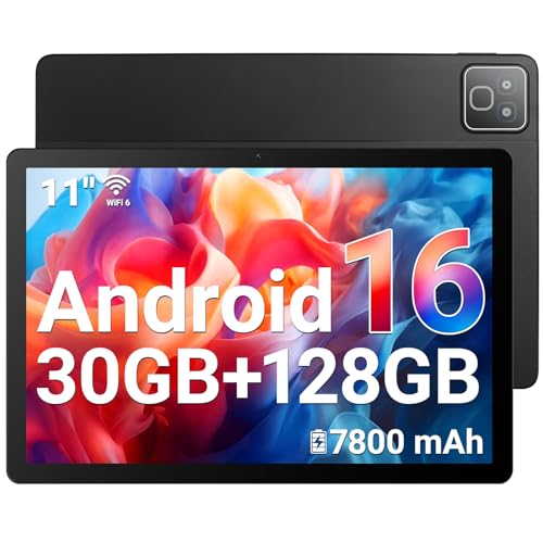 Tableta Android 16, 30 GB + 128 GB (ampliable a 1 TB), tableta de 11 pulgadas con Bluetooth 5.3, WiFi 6, cámara dual, 5 núcleos, 5 MP + 8 MP, 7800 mAh, tabletas con modo teclado, luces arcoíris(negro)