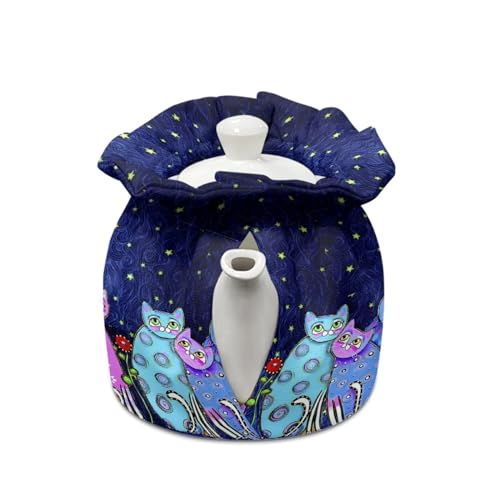 Xoenoiee Cute Cat Starry Night Print Tea Cozy Cotton Tea Cosy for Teapots Keep Warm Teapot Cover Insulated Kettle Cover for Home Kitchen Table Decor