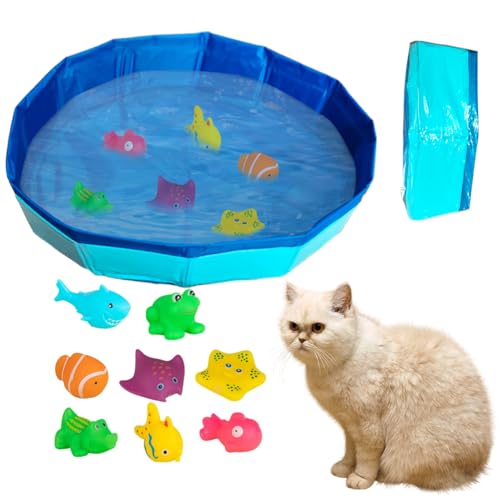 Piscina plegable para gatos con 8 juguetes para la piscina, 50 x 10 cm, mini piscina para gatos, perros, juguete para gatos, piscina infantil para gatos, juguete acuático para verano (azul, altura 10