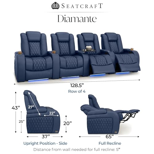 Image of Seatcraft Diamante Navy Blue Italian Leather Home Theater Seating, Zero Gravity Power Recliner, Gaming and Home Office Chair, Powered Headrest Furniture for Family Cinema Room, Row of 4