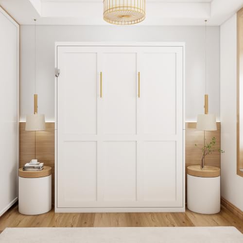 Image of KEIKI Queen Size Vertical Cabinet Murphy Bed with Solid Slats, White