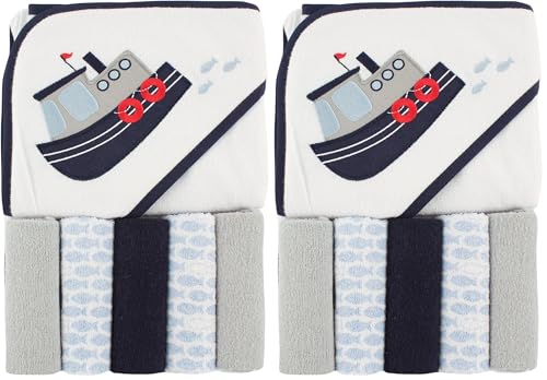 Image of Luvable Friends Unisex Baby Hooded Towel with Five Washcloths, Tugboat, One Size (Pack of 2)
