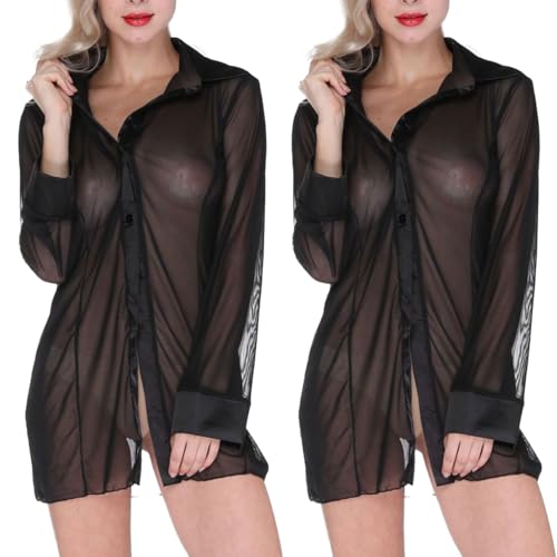 FUIPVGI 2 Stücke Sexy Unterwäsche, Dessous Sexy Durchscheinendes Hemd Schlafanzug Durchsichtig, Negligee Damen Nachtwäsche Babydoll Dessous, Nachthemd Schlafzimmer, Sexy Set Transparent (Schwarz)