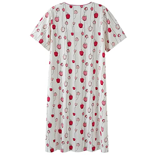 Keyocean Ladies Nightgowns For Summer, Soft 100% Cotton Lightweight Comfortable Short Sleeves Nightgowns For Women, Pink Rose Flower, Medium #TOP1