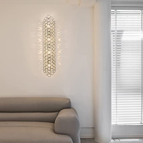 Image of 4-Light Long Strip Crystal Wall Sconce,Modern Luxury Chrome Wall Light with Shader Wall Lamp for Hallway Bedroom Living Room Bathroom Bedside Kitchen