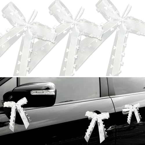 30 Noeuds Voiture Mariage Ruban Satin avec Petits Cœurs Noeuds d'Antenne Faciles à Attacher sur la Voiture - Blanc 25x12cm
