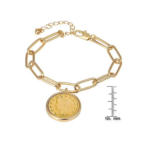 American Coin Treasures Liberty Nickel Gold-Layered Coin Elongated Link Bracelet | Goldtone Clip Style | 7 Inch 3 Inch Extender with Lobster Claw Clasp | Certificate of Authenticity4