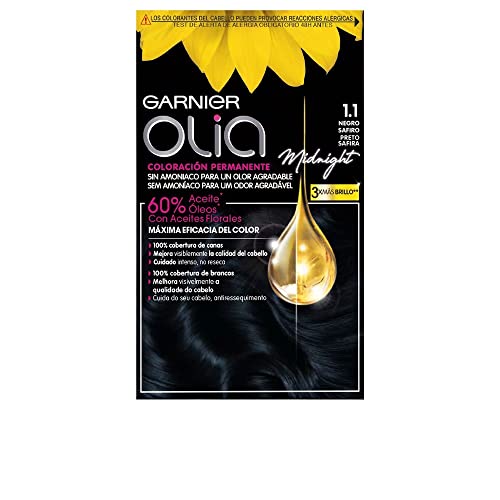 Garnier Olia - Coloración Permanente sin Amoniaco, con Aceites Florales de Origen Natural - Tono Negro Zafiro 1.10, El embalaje puede variar
