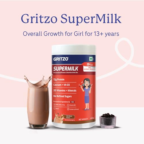 Image of Gritzo SuperMilk Overall Growth (13+ Girl), Cafe Mocha, 400g | 12g Protein with 20 Vitamins & Minerals | Zero Refined Sugar