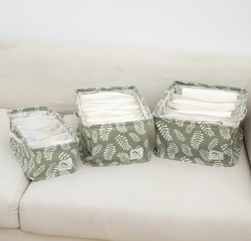 Image of House of Quirk Cotton Linen Set Of 3 Underwear Organizer Set - 5 /6 /9-Compartment Dividers For Closet & Drawer (Green Meadow), Clothing