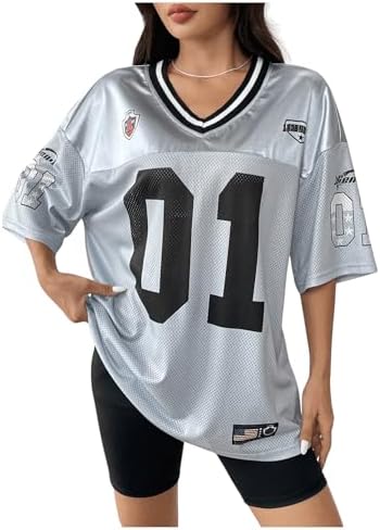 WDIRARA Women's Plus Size Football Jersey Shirts Oversized T Shirt Graphic Letter Print V Neck Short Sleeve Streetwear Top