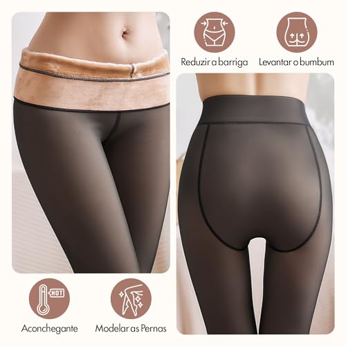 Meia calça térmica translúcida feminina, Inverno preta semitransparente leggings, Conforto com forro