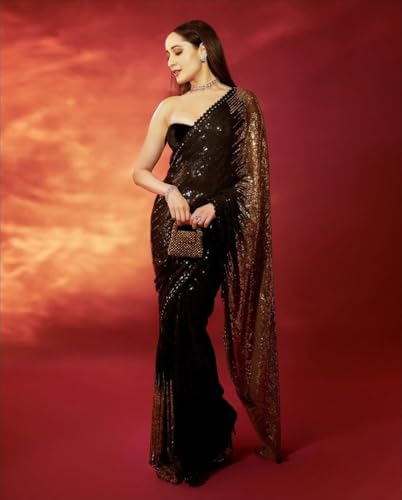 Image of Women Sequin Saree with Designer Border Elegant Pallu and Blouse Piece