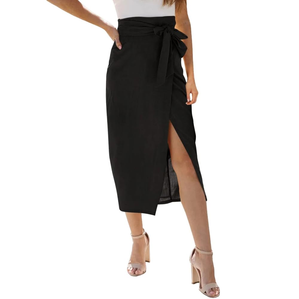 Entwicklt Falda Larga Vintage De Lino De Algodón - Pareo con Cinturón Dividido Cubre Mujeres Casual Sólido Vestido Ajustado Falda Envuelta Traje De Baño De Verano Ropa De Playa De Vacaciones