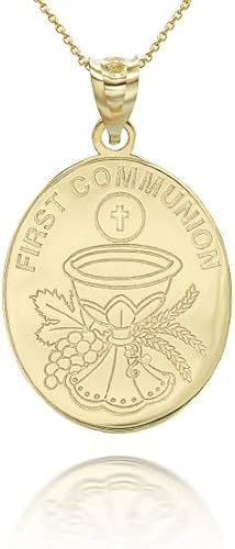 1st Communion 10K Yellow Gold Personalized First Holy Communion Pendant Necklace with Your Name and Date, 16"