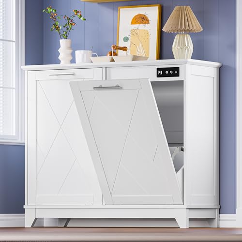 Image of BORNOON Tilt Out Trash Can Cabinet for 2 Bins, Hidden Recycle Garbage Bin Enclosure, Wooden Double Laundry Cabinet with Odor Control, Negative Ion & Ozone, for Kitchen, Bathroom, Laundry Room