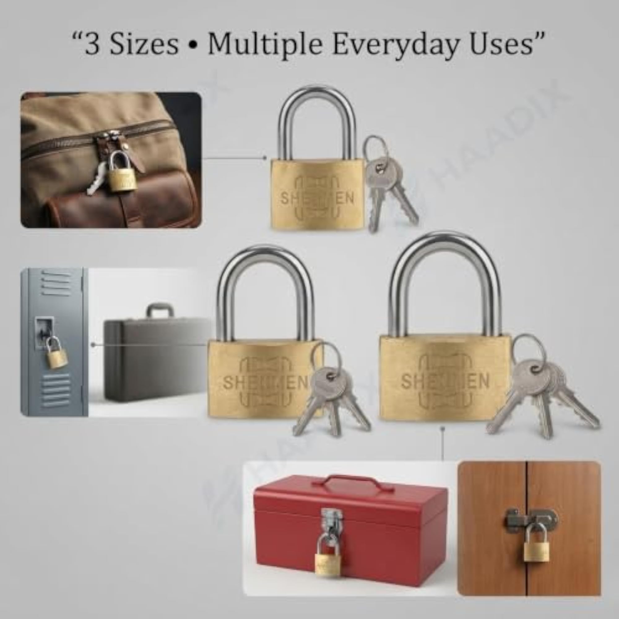 Brass Padlock Set, Key Operated Locks, Pack of 3