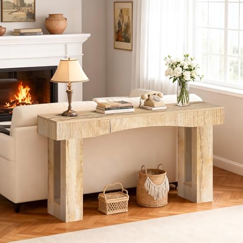 Image of 63 Inch Long Entryway Table Hollow, Wooden Console Table with Socket Farmhouse Sofa Table for Entrance, Hallway, Living Room,Behind Couch(Natural Brown)