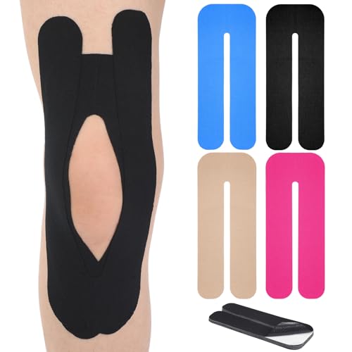 Burbell 12 Pcs Precut Kinesiology Tape for Knees Waterproof Sport Knee Tape Elastic Breathable Latex-Free Athletic Tape Knee Pain Relief Tape for Knee Tendons Support Strips Fitness(Black)