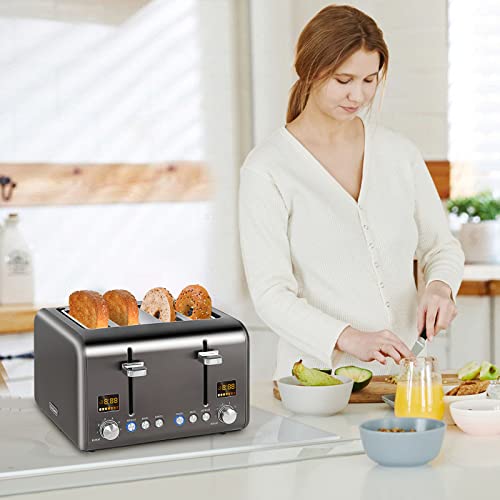 Seedeem Toaster 4 Slice, Stainless Steel Bread Toaster With Colorful Lcd Display, 7 Bread Shade Settings, 1.4'' Wide Slots Toaster With Bagel/Defrost/Reheat Functions, Removable Crumb Tray, Dark Metallic, 1800W #TOP6