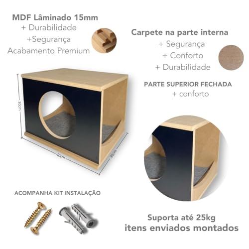 Nicho Para Gato 1pç Montado Resistente Casinha para Gato Parede Tampo Fechado (Preto)