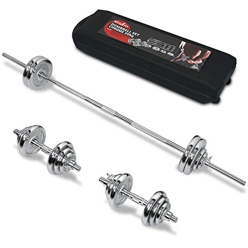 STOZM Dumbbell Set 110lbs Chrome Coated with Carry Case â€“ Versatile Chrome Dumbbell Set with Barbell, Connector, 20 Weight Plates, 2 Dumbbell Handles & 6 Collars