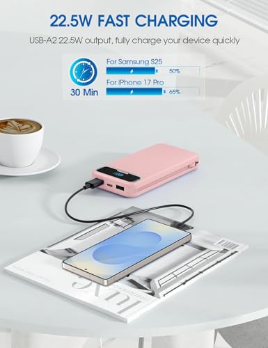 Image of Nusyddy Portable Charger 12000mAh 22.5W w /Built-in Cables & Wall Plug Pink | 22.5W Fast Charging, LED Display, Pass Through Charging, TSA Approved, Portable & Slim, Power Bank for iPhone, iPad, Samsung