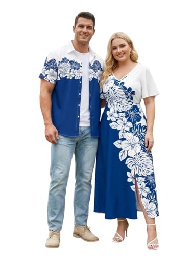 Image of Matchable Couple Hawaiian Sea Beach Starfish Turtle Shell Print Shirt or Plus Size Midi Split A Line Dress