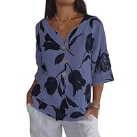 Chicyoo Womens 3/4 Sleeve Tunic Tops Blouses V Neck Casual Boho Floral Loose Fit Flare Summer Button Blouse Shirts Blue