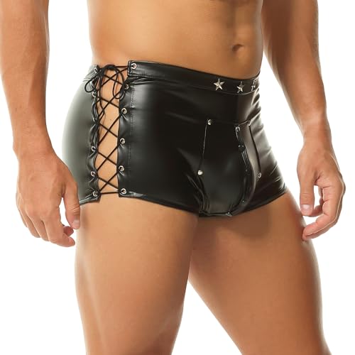 YOOBNG Uomo Faux Leather Boxer Shorts Rave Shorts Open Front Short Pantaloni Clubwear